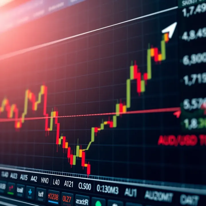 Graph showing the fluctuating AUD/USD exchange rate with economic indicators