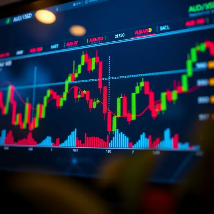 Chart displaying technical indicators and market sentiment for AUD/USD forex trading