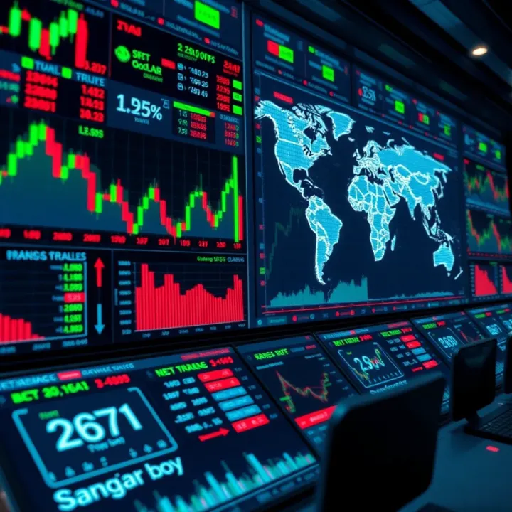 Representation of automated trading systems executing trades globally including financial charts and digital interfaces