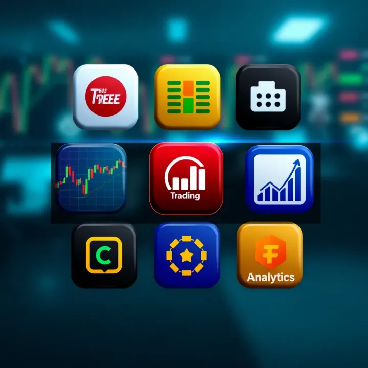Illustration of various trading app icons available for Indian market with highlighted features like risk-free practice and analytics