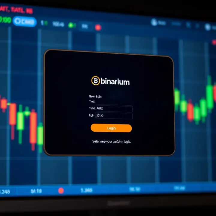 User interface displaying Binarium platform login screen with input fields and a login button