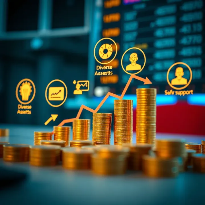 Key Factors for Selecting a Trusted Binary Broker Conceptual illustration of financial growth with icons representing regulation, diverse assets, and customer support