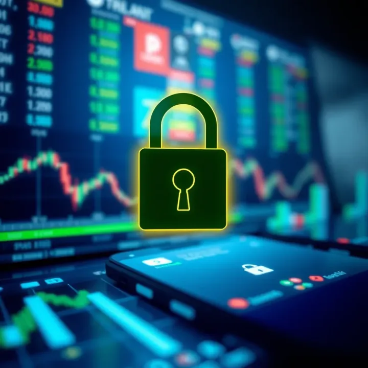 Secure padlock symbol overlaid on a digital trading environment representing app security features