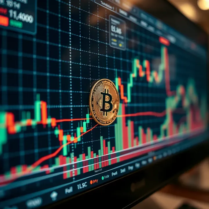 Graph displaying Bitcoin price fluctuations with candlestick chart and trend lines