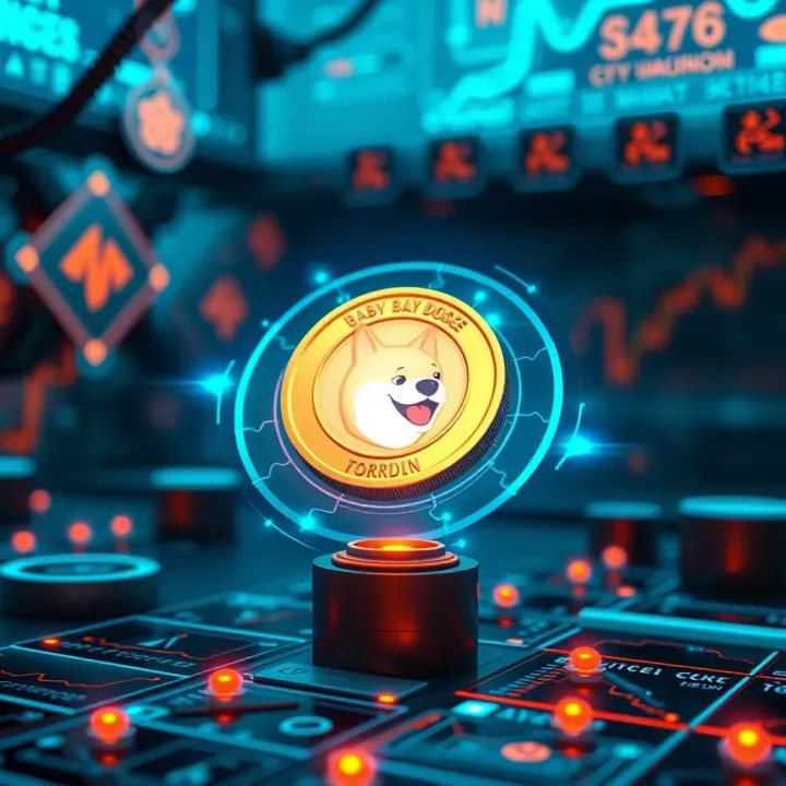 Digital representation of blockchain technology with futuristic elements and Baby Doge token icon