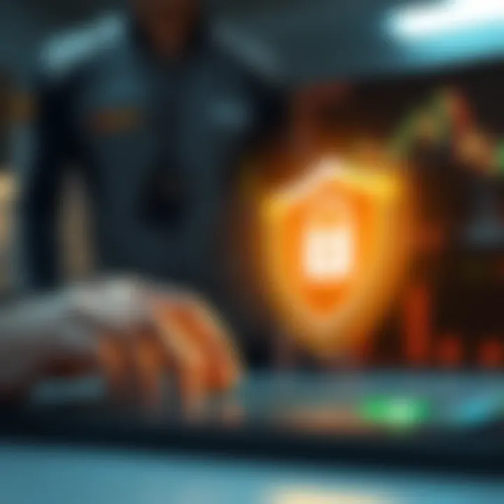 Illustration of secure trading transaction with shield and digital symbols