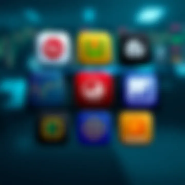 Illustration of various trading app icons available for Indian market with highlighted features like risk-free practice and analytics