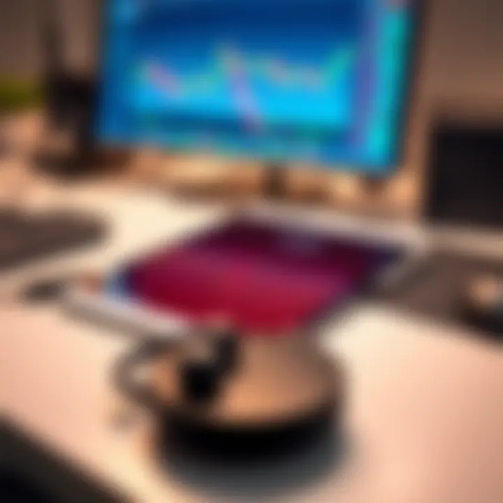 Tablet with Trading Accessories Enhancing Mobile Investment Experience Tablet surrounded by wireless earbuds and portable keyboard on a sleek desk setup