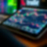 Close-up of a high-performance tablet displaying real-time stock charts and trading interface