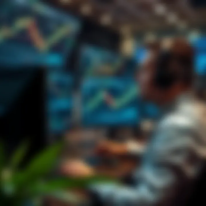 Illustration of a trader analyzing forex charts and market data on multiple screens