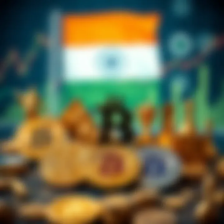 Cryptocurrency Investment Insights and Regulatory Overview in India Illustration of major cryptocurrency symbols with Indian flag and regulatory icons
