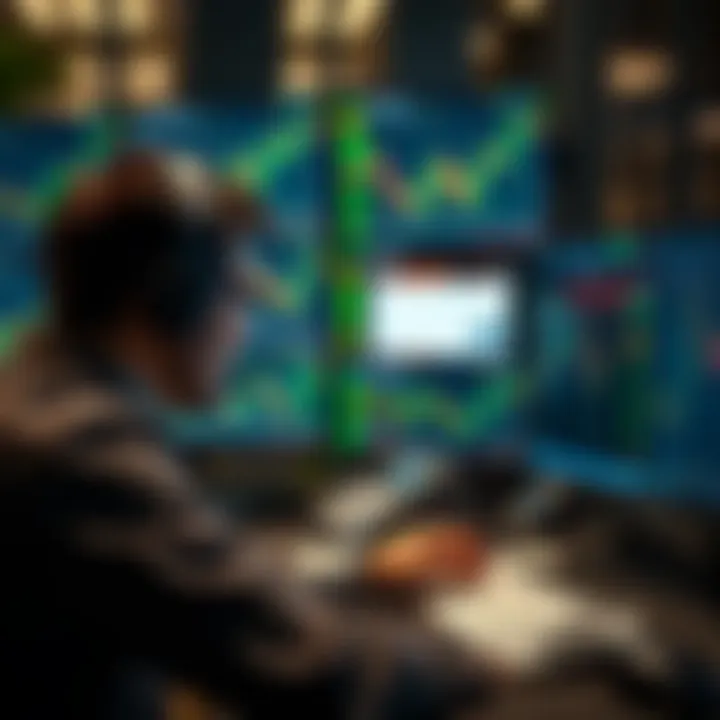 Illustration of a trader analyzing forex charts on multiple screens with highlighted free funded account programs