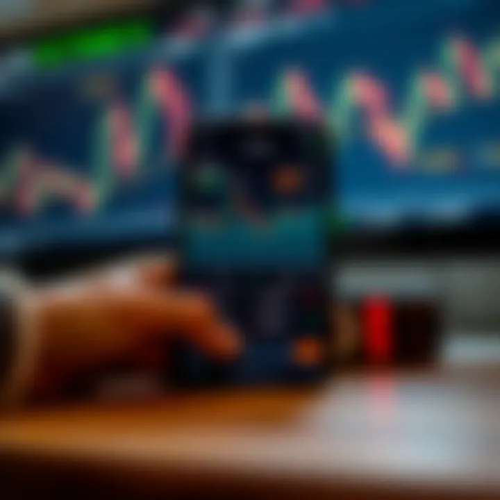 Mobile phone screen showing a forex trading app interface with currency charts and trading options