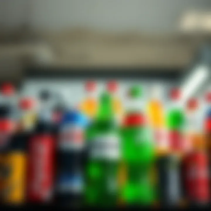A diverse assortment of beverage bottles and cans representing major global competitors of Coca-Cola, including carbonated and health-oriented drinks