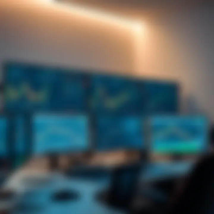 A modern multi-screen trading setup featuring multiple monitors displaying stock charts and market data arranged on a sleek desk