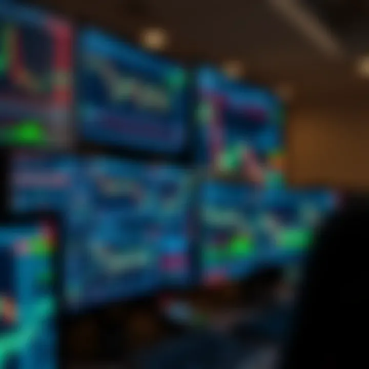 Close-up view of trading software interfaces on multiple monitors showing real-time financial graphs and analytics