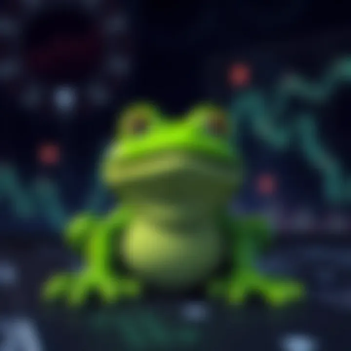 Illustration of a green frog mascot symbolizing Pepe Coin with digital blockchain elements in the background