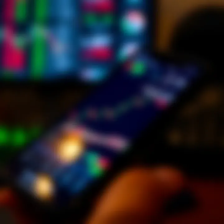 Mobile device displaying forex trading app interface with currency exchange charts and market data