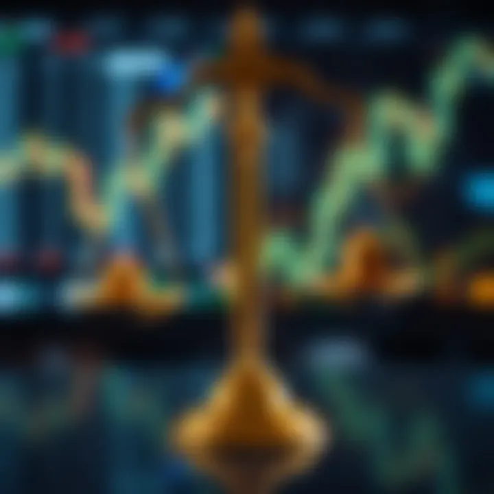 Illustration of a legal scale balanced with digital trading symbols representing online trading regulations in India