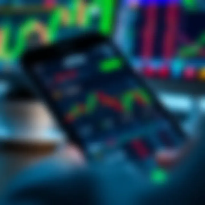 Mobile device showing a forex trading application with currency exchange rates and charts