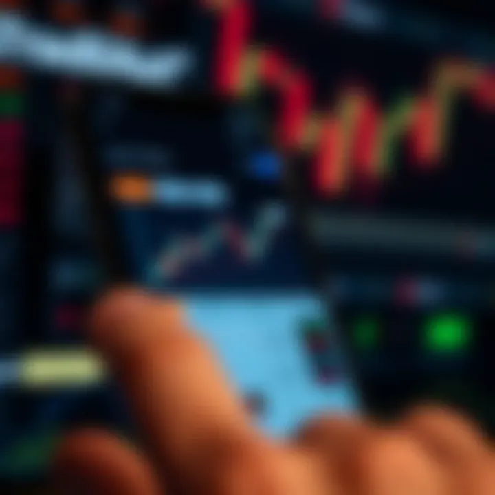 Mobile phone displaying a cryptocurrency trading app interface with virtual charts and simulated trades