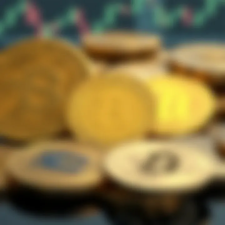 Graphical representation of cryptocurrency coins with icons representing security and payment methods