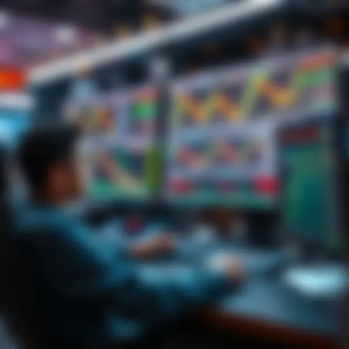 Competitive Trading Environment in Forex Contests Illustration of a trader analyzing currency charts on multiple screens with competitive elements