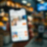 Mobile device displaying a digital marketplace interface with various product listings and transaction options