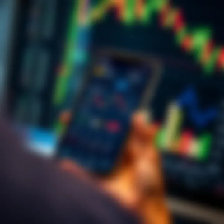 Mobile phone displaying a forex trading app interface with currency exchange rates and charts