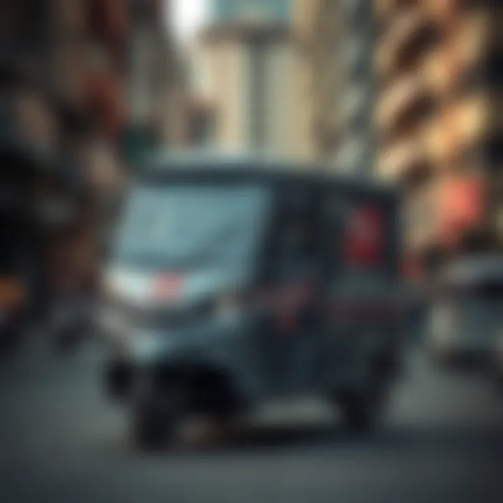 Modern postal delivery vehicle amidst urban cityscape