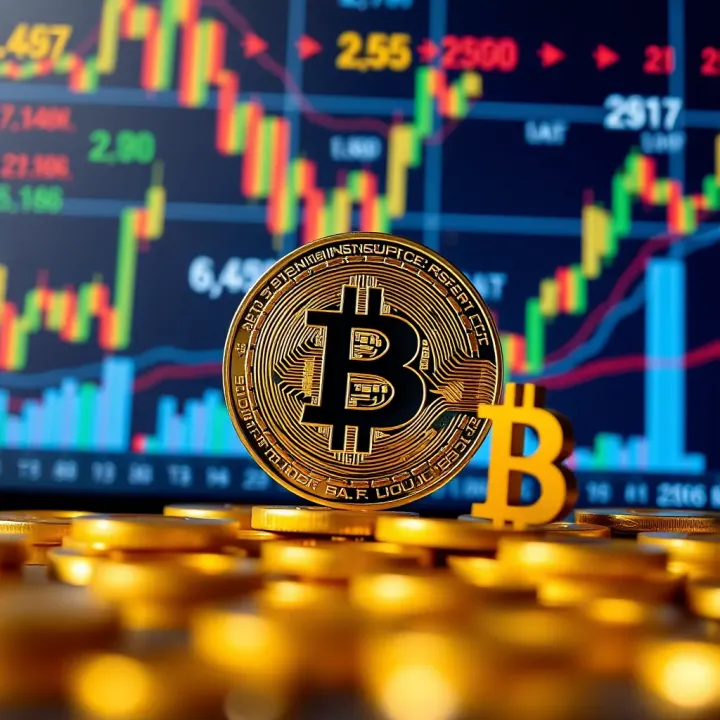 Conceptual digital illustration of Bitcoin surrounded by financial icons and data charts