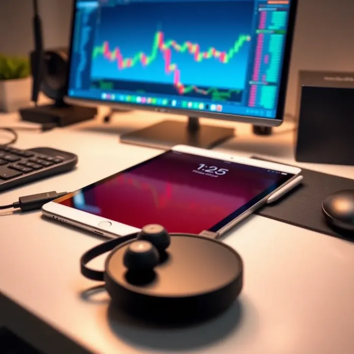 Tablet surrounded by wireless earbuds and portable keyboard on a sleek desk setup