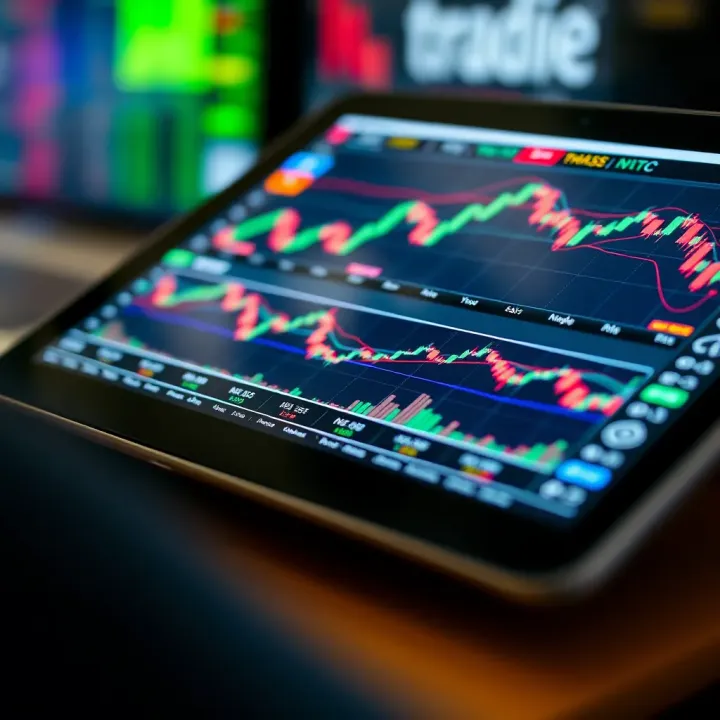 Close-up of a high-performance tablet displaying real-time stock charts and trading interface