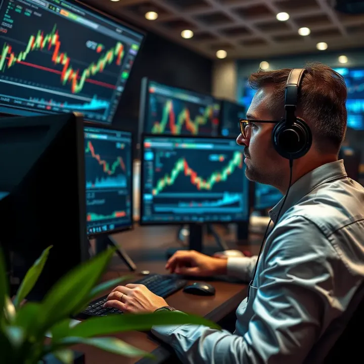 Illustration of a trader analyzing forex charts and market data on multiple screens