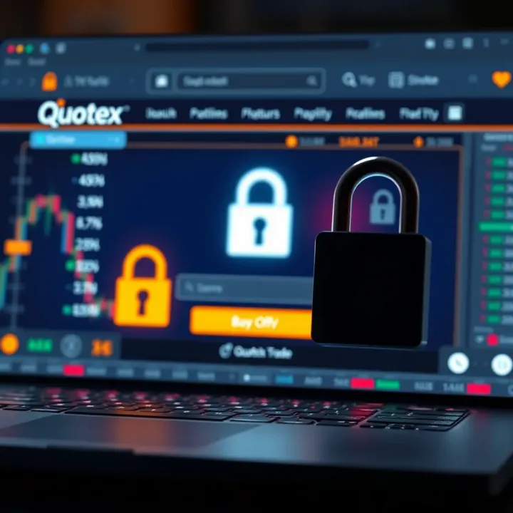 Secure login interface with encryption symbols representing safety measures on Quotex website