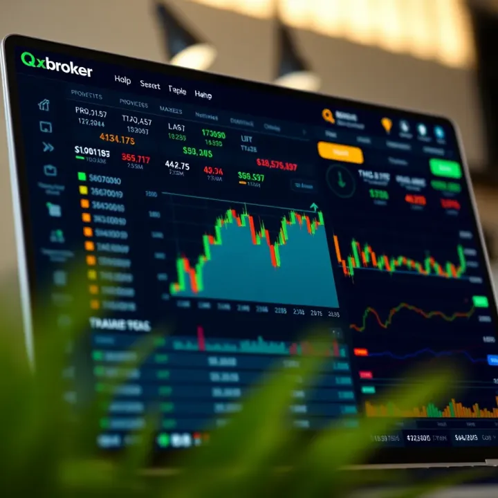 Screenshot of Qxbroker.com trading app interface showing various trading tools and asset options