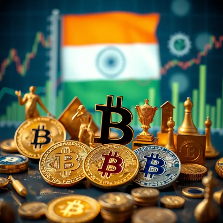 Illustration of major cryptocurrency symbols with Indian flag and regulatory icons