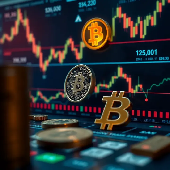 Illustration of cryptocurrency market dynamics with digital currency symbols and data charts