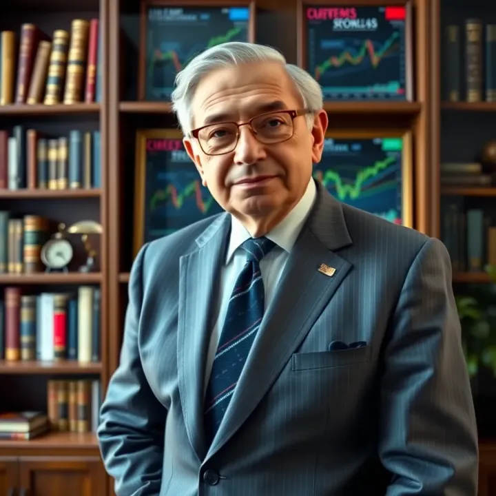 Robert Soros in his Office Environment Portrait of Robert Soros standing in an elegant office setting with bookshelves and financial charts in the background