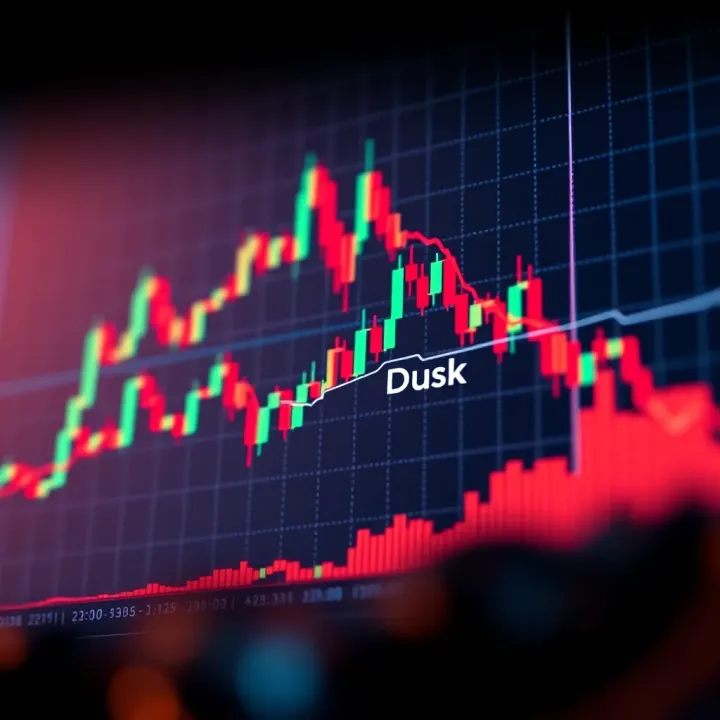 Graph showing Dusk Coin price trends over a period with candlestick and volume bars
