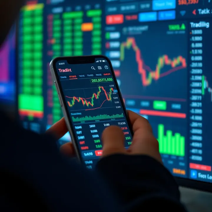 User interacting with a mobile trading application displaying stock market charts and data
