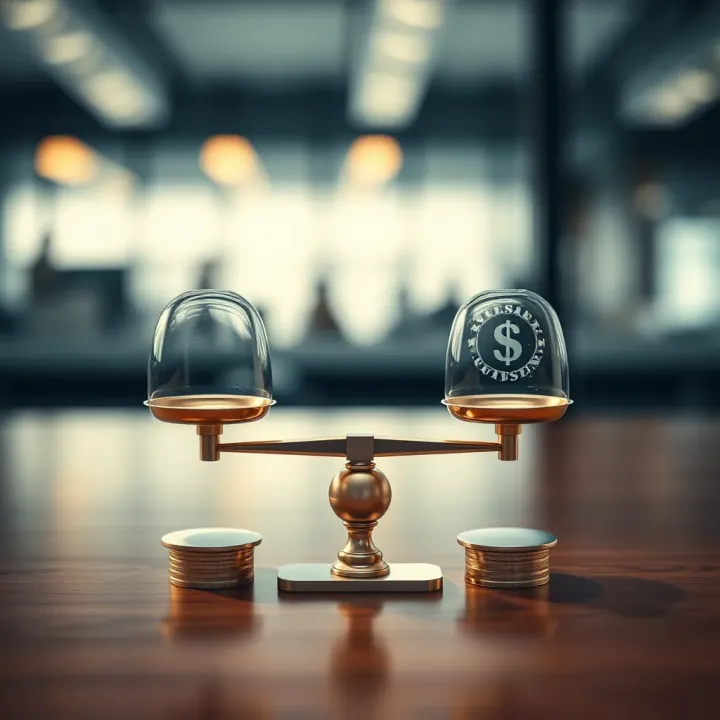 Illustration showing a balanced scale with cost on one side and quality on the other representing decision trade-offs