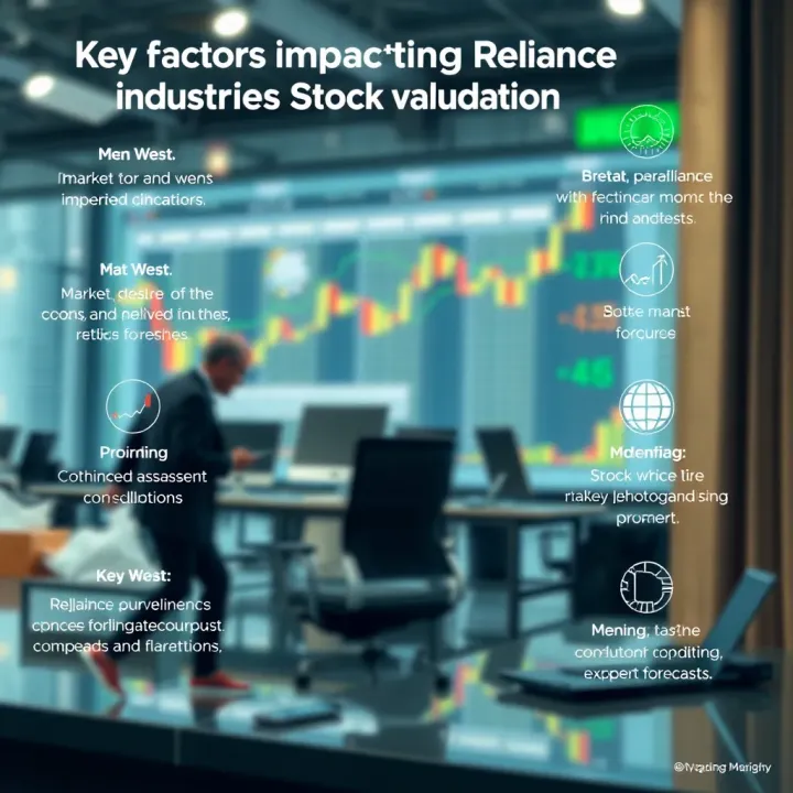 Visual representation showing key factors impacting Reliance Industries stock valuation including market conditions and expert forecasts