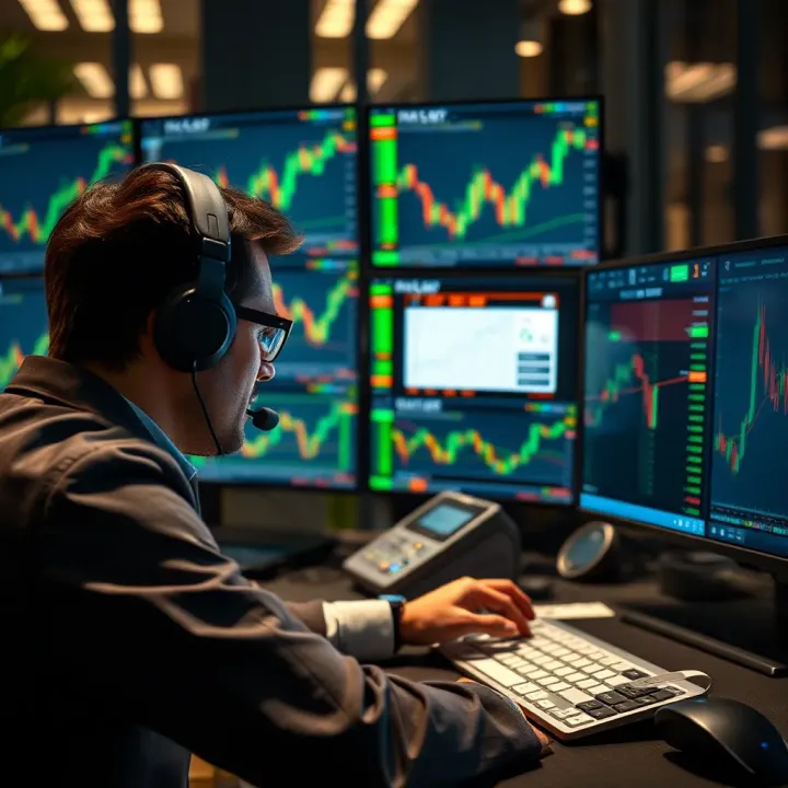 Illustration of a trader analyzing forex charts on multiple screens with highlighted free funded account programs