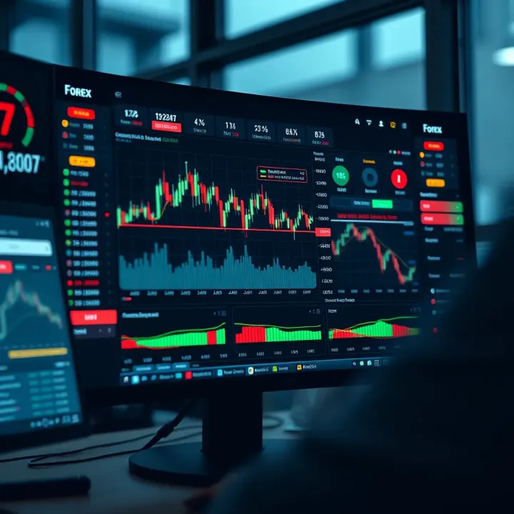 Computer screen displaying forex trading dashboard with charts and risk management tools