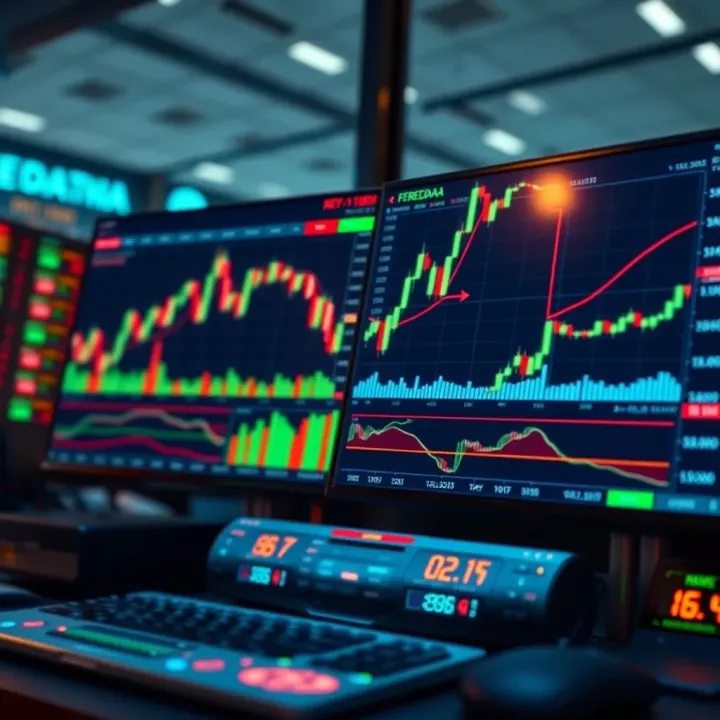 Illustration showing a digital forex trading platform interface with charts and data analysis