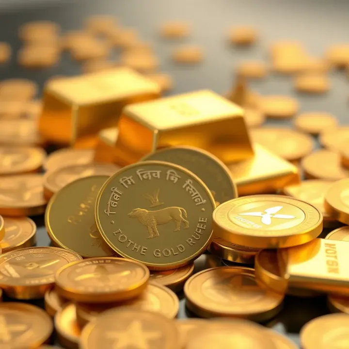 Illustration of Indian Rupee coins with gold bars representing investment in gold in India