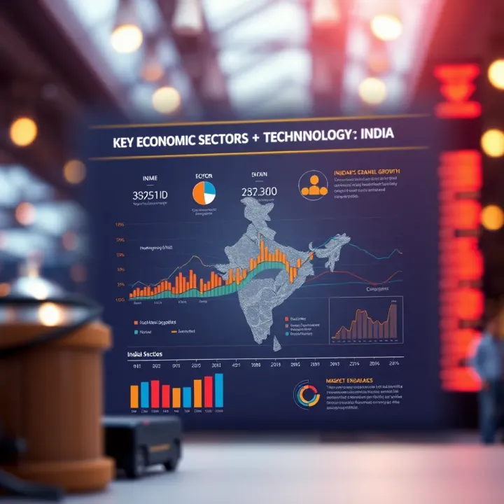 Key Economic Sectors and Technology Driving India's Growth Detailed infographic showing India's economic growth sectors and technological advancements influencing market trends