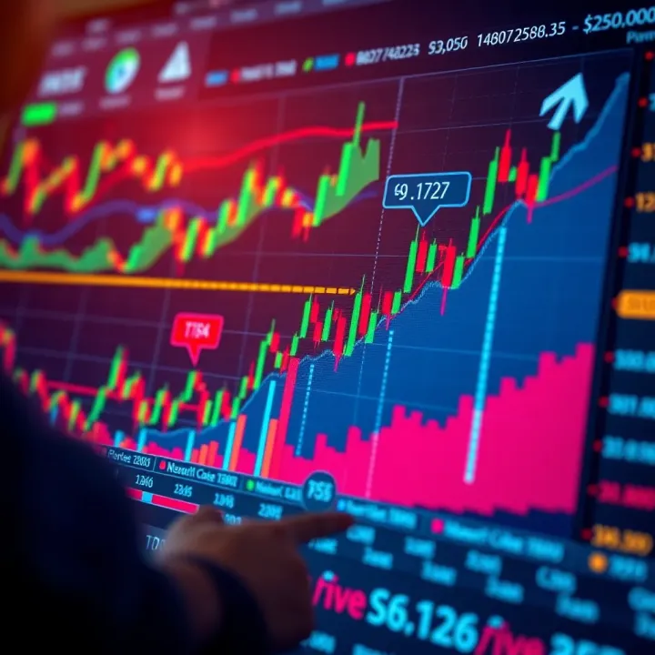 Graph showing upward trend in currency trading with vibrant financial charts