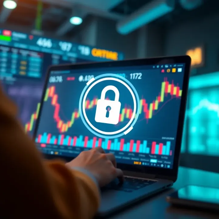 Safe online trading environment with digital security icons and financial graph